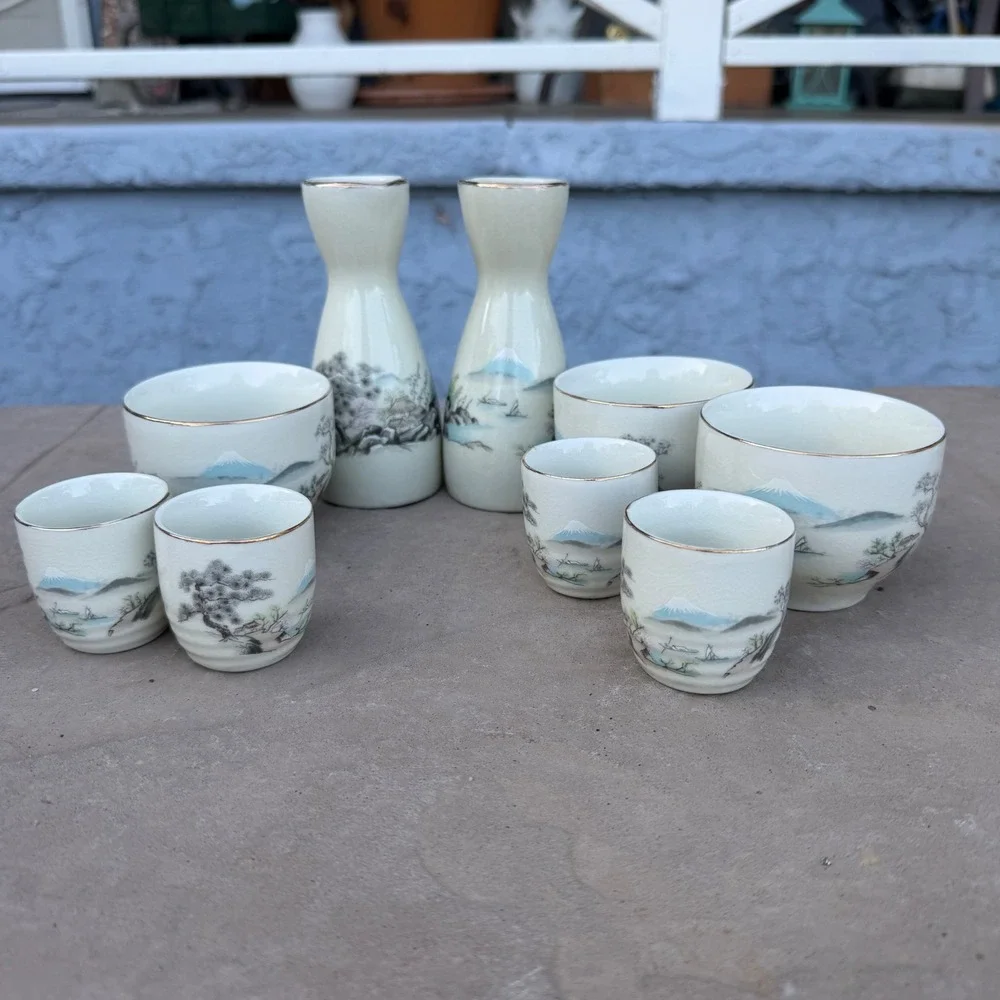 Vintage Japanese Sake Set 9pc Mount Fuji Landscape Crackle Glaze Gold Rim Japan